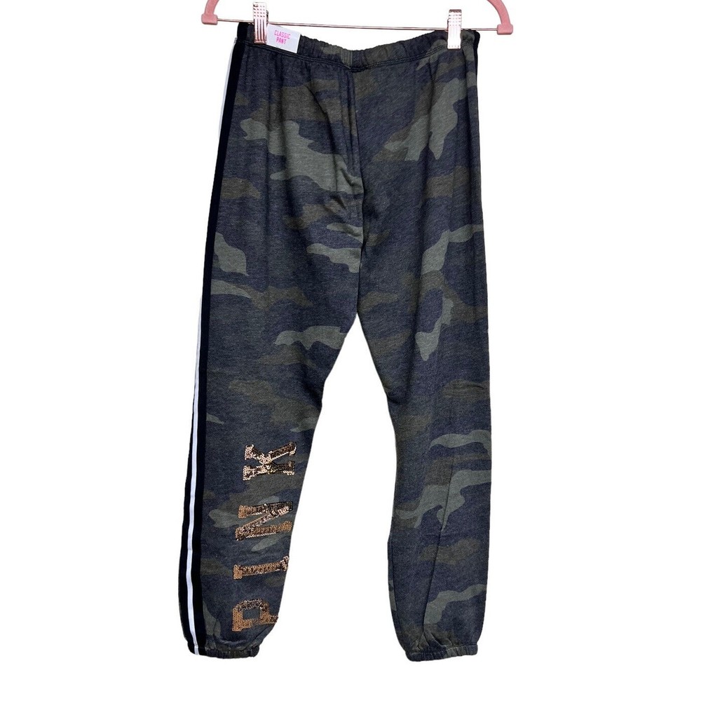 VICTORIA'S SECRET PINK Gold Bling Sequin Classic Sweatpant Green Camo Size Small